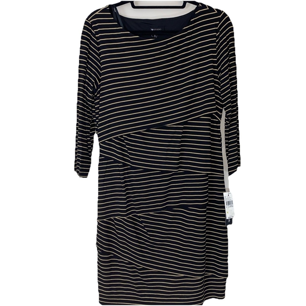 AB Studio Sheath Dress Women XL Black Tan Striped Tiered 3/4 Sleeve Layered Knee
